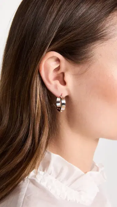 Tory Burch Thin Icon Hoop Earrings Tory Silver/Tory Gold One Size | Thumbnail 3