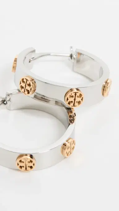 Tory Burch Thin Icon Hoop Earrings Tory Silver/Tory Gold One Size | Thumbnail 4