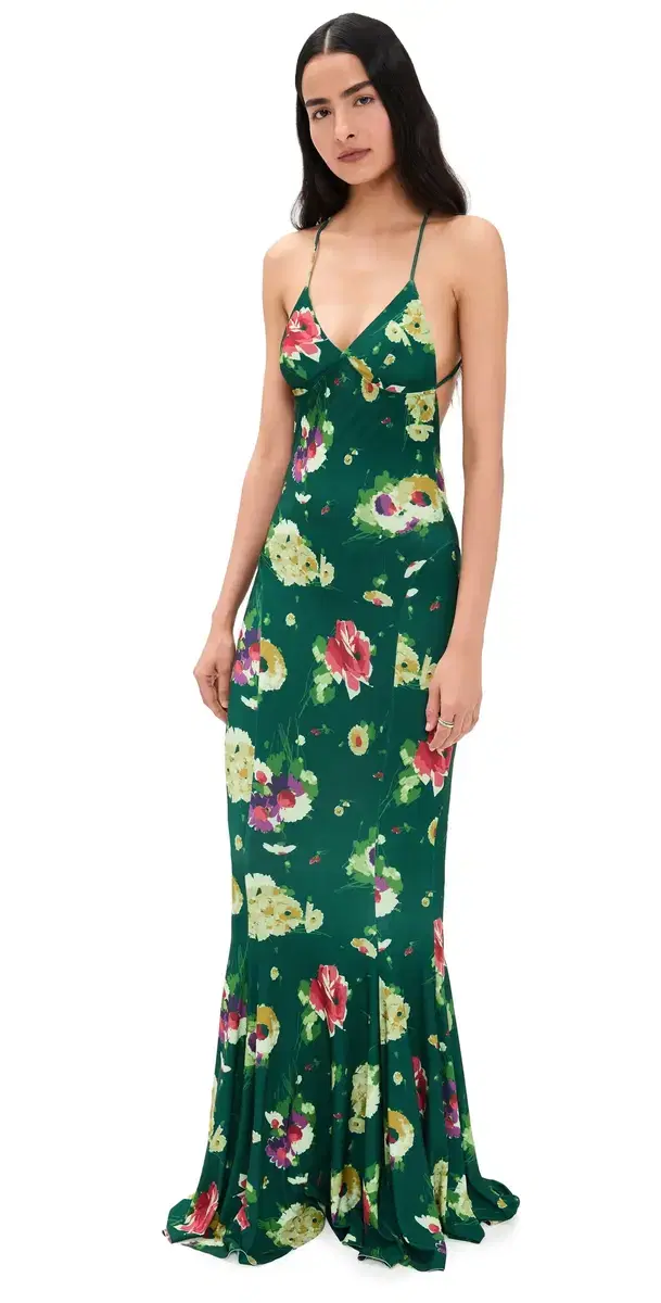 Low Back Slip Fishtail Gown Floral Green ulti