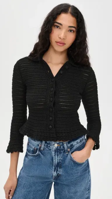 Madewell Pointelle Knit Peplum Cardigan Jet Black | Thumbnail 2