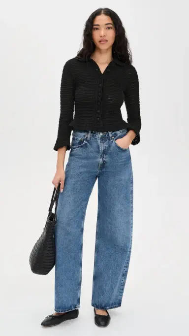 Madewell Pointelle Knit Peplum Cardigan Jet Black | Thumbnail 5