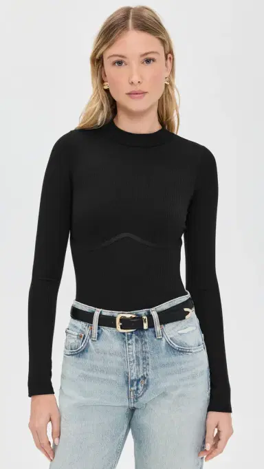 Fleur du Mal Hourglass Rib Mock Neck Thong Bodysuit Black M | Thumbnail 2