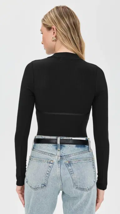 Fleur du Mal Hourglass Rib Mock Neck Thong Bodysuit Black M | Thumbnail 3