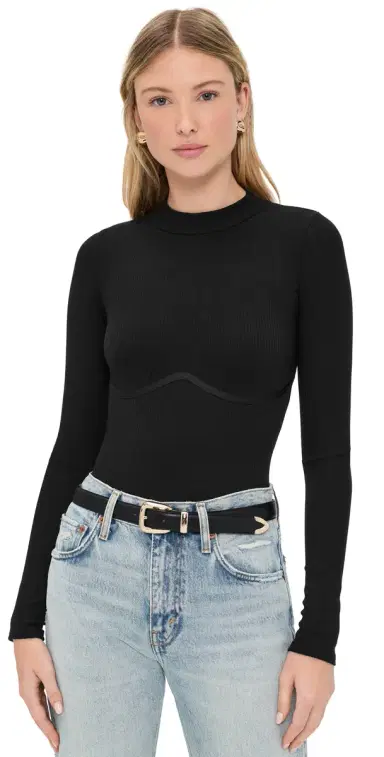 Fleur du Mal Hourglass Rib Mock Neck Thong Bodysuit Black M | Thumbnail 1