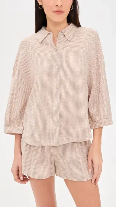 Eberjey Linen Blend Relaxed Sleeve Top Gingham White | Thumbnail 2 Eberjey Linen Blend Relaxed Sleeve Top Gingham White | Thumbnail 2