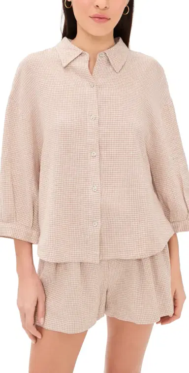 Eberjey Linen Blend Relaxed Sleeve Top Gingham White | Thumbnail 1 Eberjey Linen Blend Relaxed Sleeve Top Gingham White | Thumbnail 1