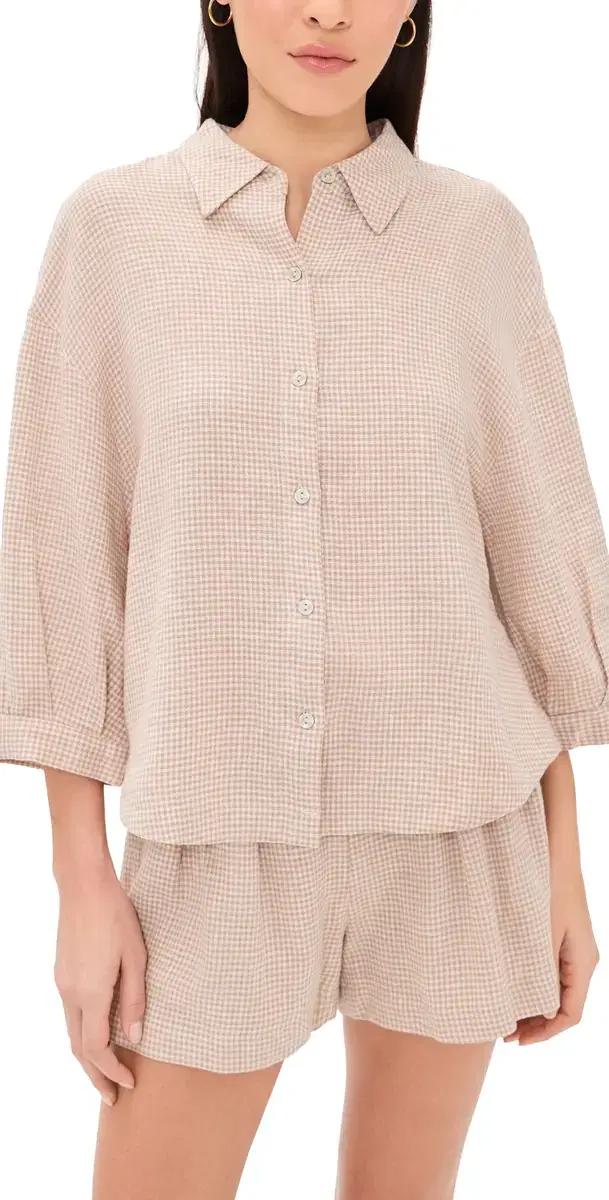 Eberjey Linen Blend Relaxed leeve Top Gingham White