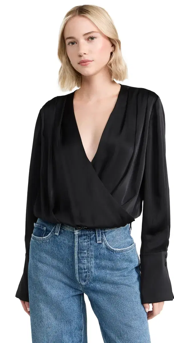 Favorite Daughter The Date Blouse Thong Bodysuit Black