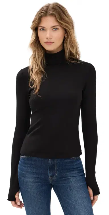 susana monaco Mock Neck Thumb Hole Long Sleeve Tee Black L | Thumbnail 1