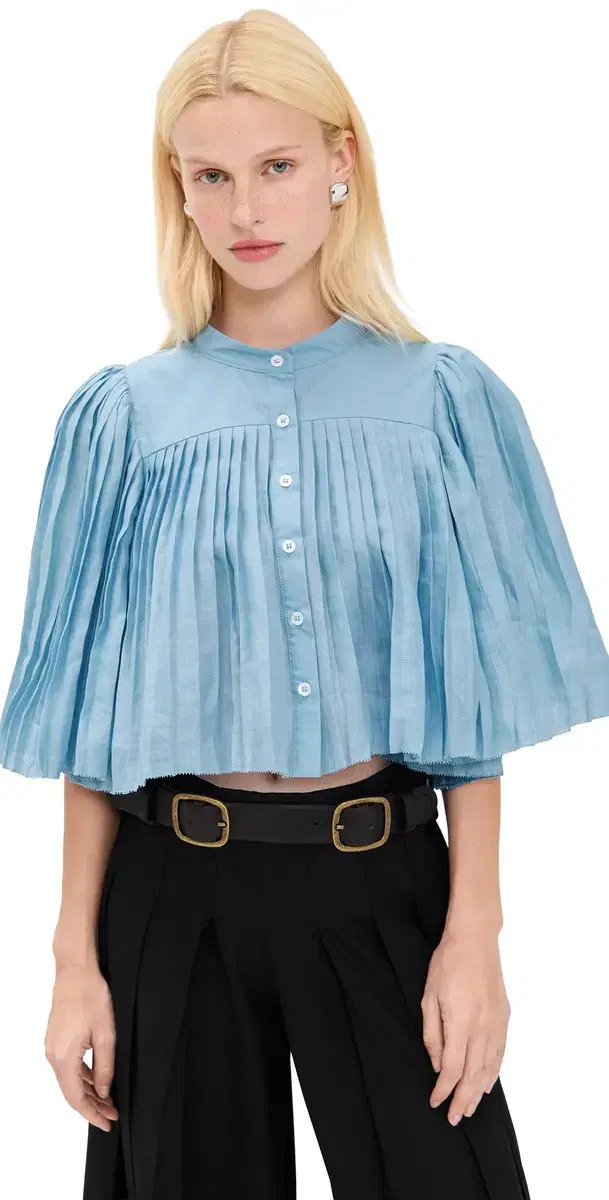 Solene Solid Pleated Top Blue