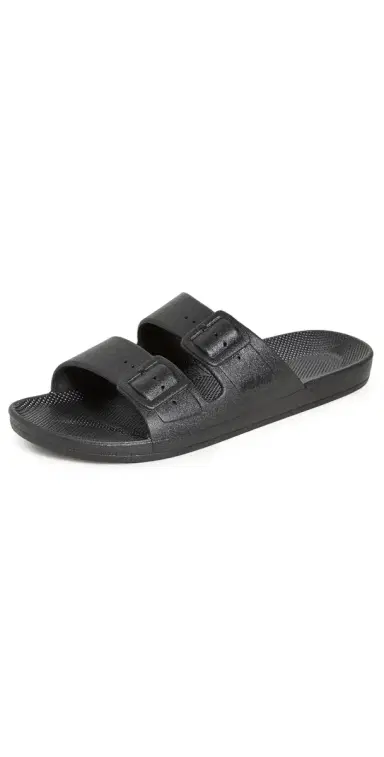 Freedom Moses Two Band Unisex Slides Black W 8-9 | Thumbnail 1