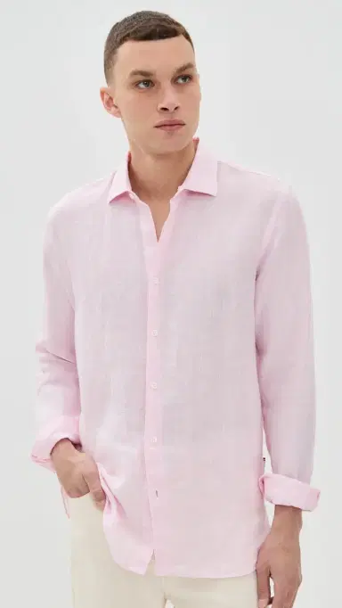Orlebar Brown Giles Linen Button Down Shirt Pale Pink/White | Thumbnail 2