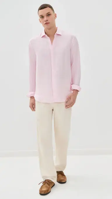 Orlebar Brown Giles Linen Button Down Shirt Pale Pink/White | Thumbnail 5