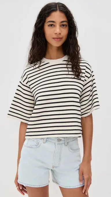 ANINE BING Myers Cropped Tee Black Stripe French Terry | Thumbnail 2 ANINE BING Myers Cropped Tee Black Stripe French Terry | Thumbnail 2