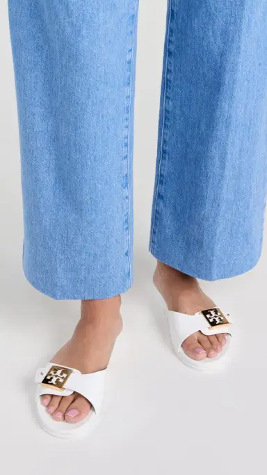 Tory Burch Buckle Slides White/Gold/White 7 | Thumbnail 3