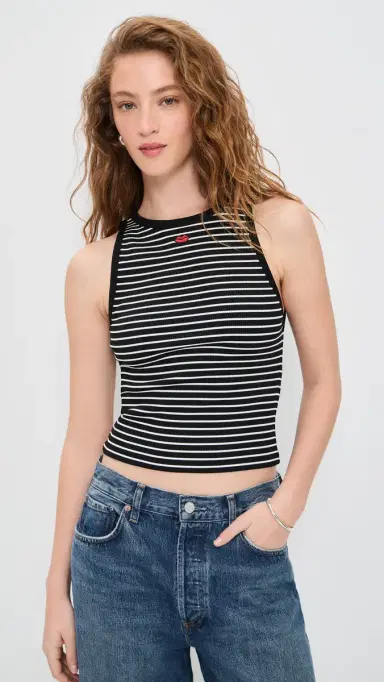 ALICE + OLIVIA Allen Embroidered Detail Tank Top Off White/Black Stripe | Thumbnail 2 ALICE + OLIVIA Allen Embroidered Detail Tank Top Off White/Black Stripe | Thumbnail 2