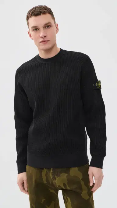 Stone Island Cotton Waffle Crew Sweatshirt Black | Thumbnail 2 Stone Island Cotton Waffle Crew Sweatshirt Black | Thumbnail 2