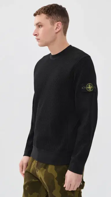 Stone Island Cotton Waffle Crew Sweatshirt Black | Thumbnail 4 Stone Island Cotton Waffle Crew Sweatshirt Black | Thumbnail 4