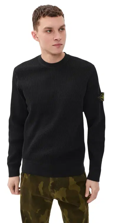 Stone Island Cotton Waffle Crew Sweatshirt Black | Thumbnail 1 Stone Island Cotton Waffle Crew Sweatshirt Black | Thumbnail 1