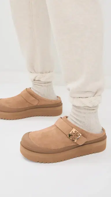 Tory Burch Mellow Shearling Platform Mules Light Chestnut/Gold 8 | Thumbnail 3