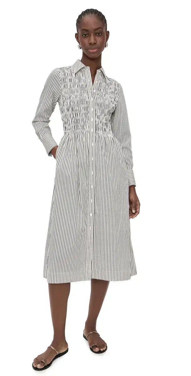 Smocked Midi Shirt Dress White Black Stripe