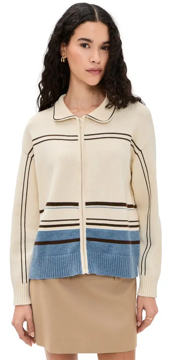 Enzo Zip Up Cashmere Sweater Cream Stripe