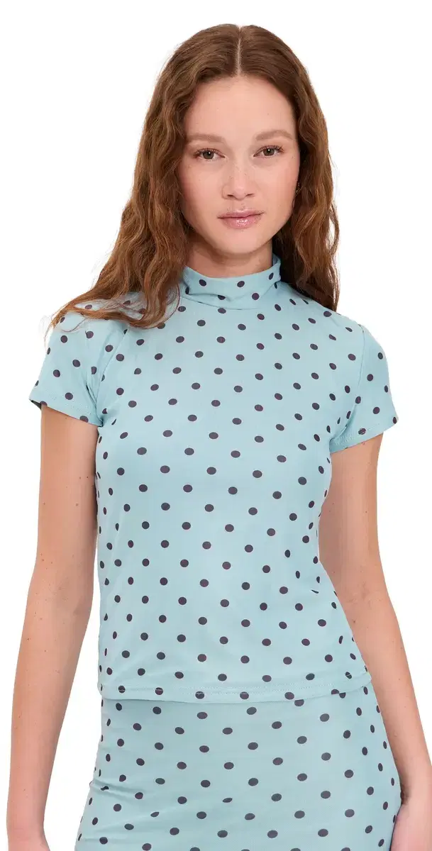 Polka Dot esh High Neck Top Blue/Brown