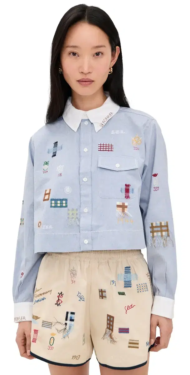 Claira Embroidered Button Down hirt Blue