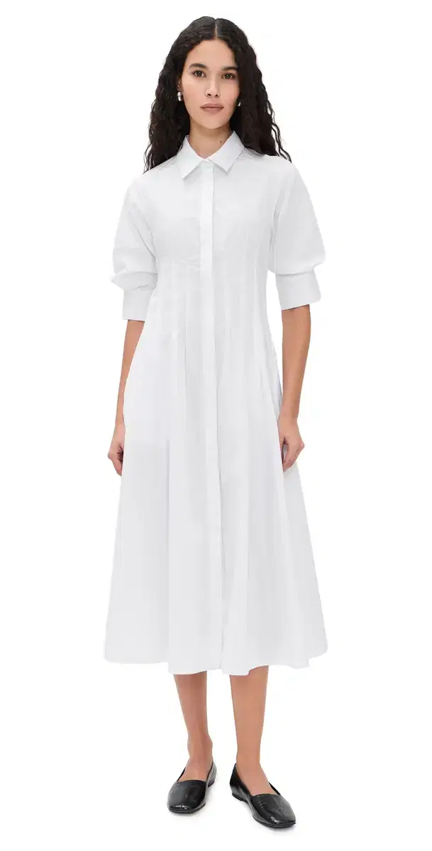 Cotton Stretch 3/4 Sleeve Shirt Dress Off White