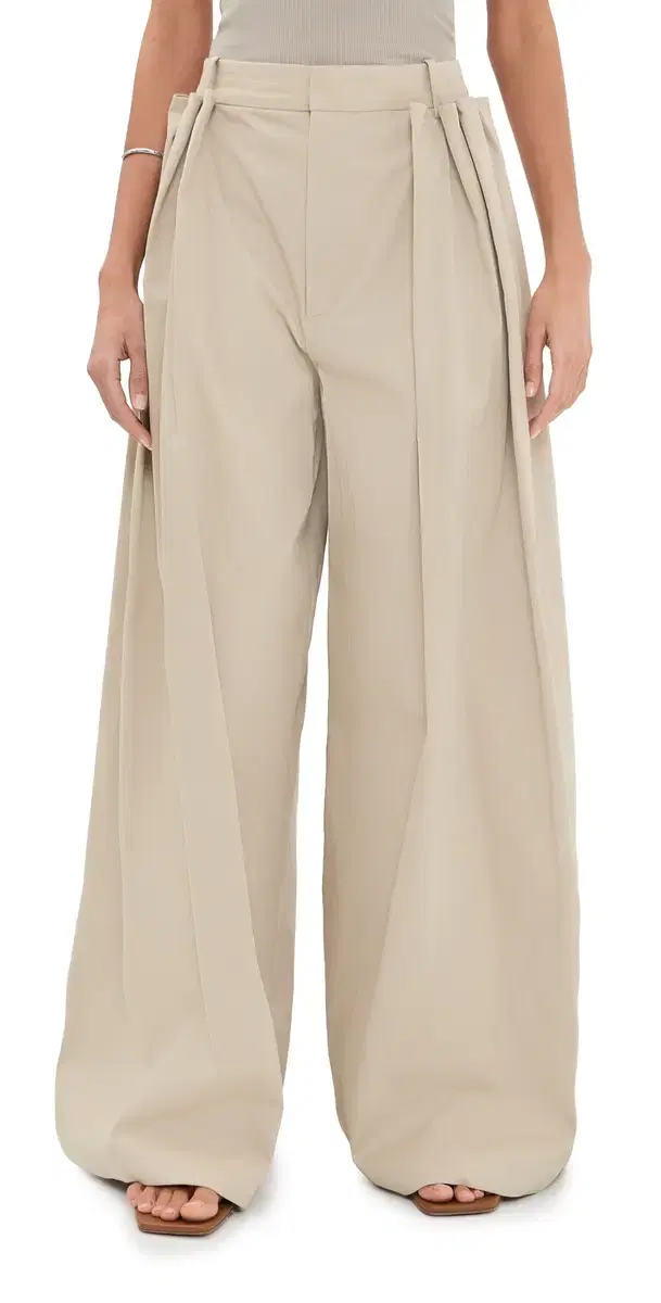 Tibi Luxe Twill Tucked Pleated Trousers Taupe