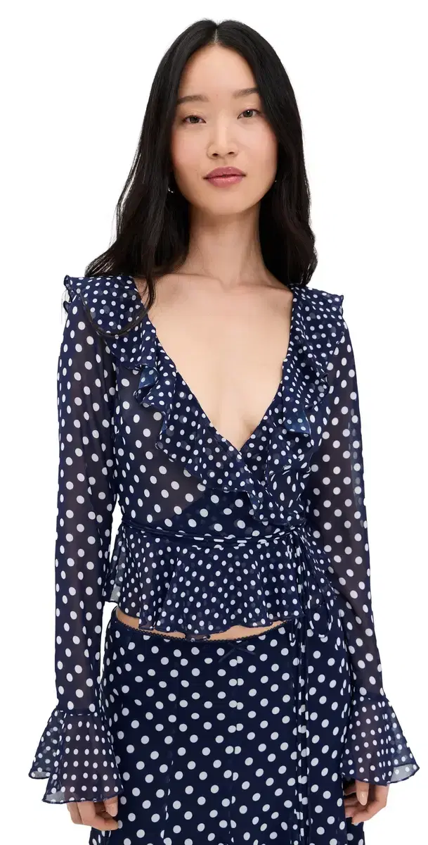 GUIZIO Mallorca Ruffle Wrap Top Navy Mixed Polka Dot