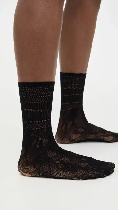 Stems Peony Lace Crew Socks Black One Size | Thumbnail 2