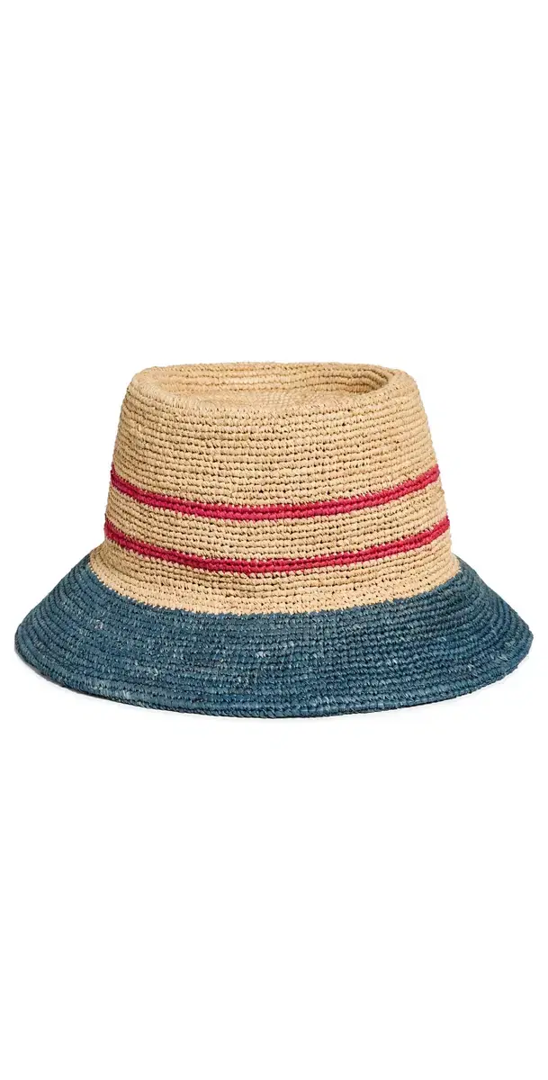 Ellee Straw Bucket Hat Natural/Navy/Red