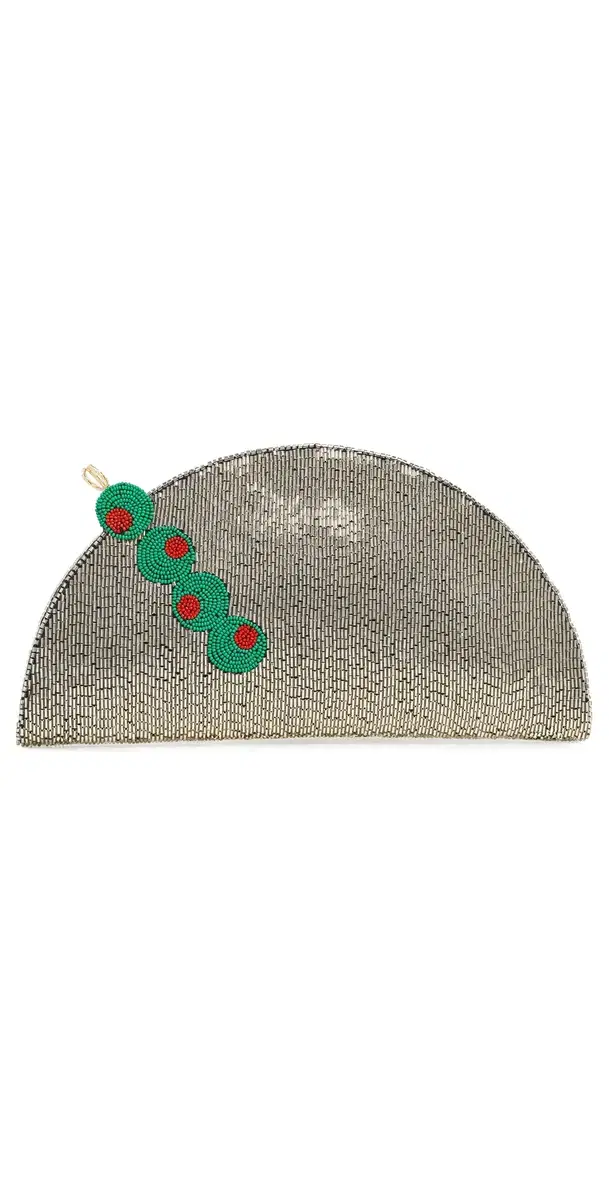 Beaded Lune Clutch Silver/Olive Motif One Size