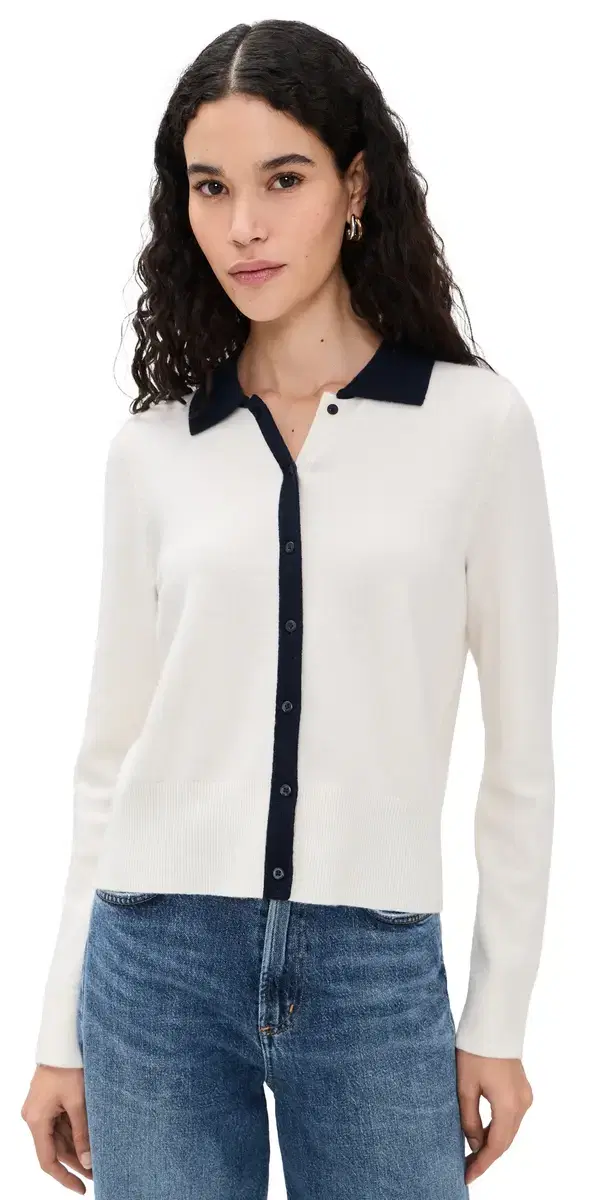 Cashmere Blend Contrast Collared Cardigan Off White/Coastal