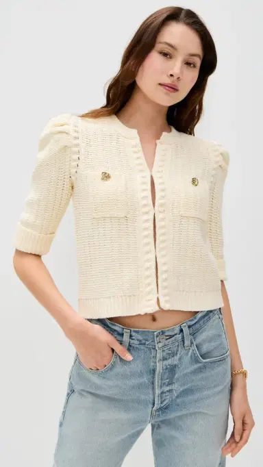 L'Agence Delilah Crop Textured Cardigan Vintage White/Gold Knot L | Thumbnail 2