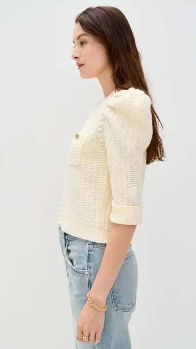 L'Agence Delilah Crop Textured Cardigan Vintage White/Gold Knot L | Thumbnail 4