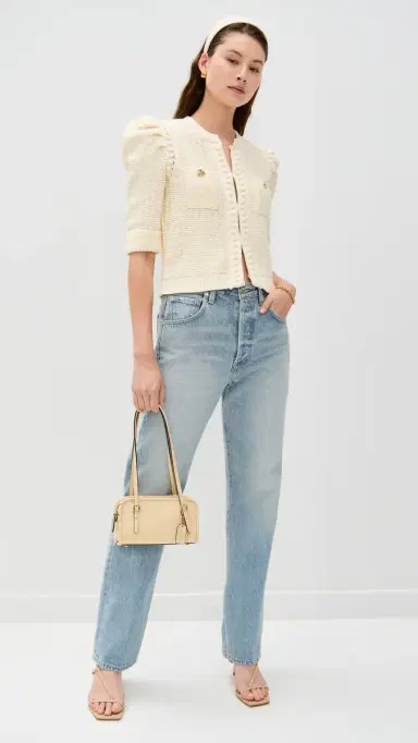 L'Agence Delilah Crop Textured Cardigan Vintage White/Gold Knot L | Thumbnail 5