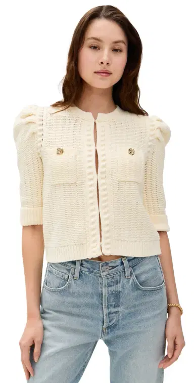 L'Agence Delilah Crop Textured Cardigan Vintage White/Gold Knot L | Thumbnail 1