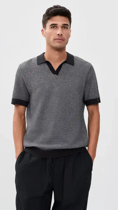 Onia Cotton Textured Johnny Collar Polo Midnight/White | Thumbnail 2 Onia Cotton Textured Johnny Collar Polo Midnight/White | Thumbnail 2