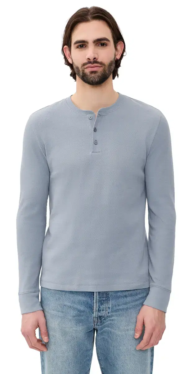 Jacquard Rib Long leeve Henley teel Blue