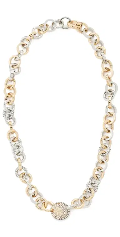 Tory Burch Icon Mixed Pavé Chain Necklace Tory Gold/Tory Silver/Crystal One Size | Thumbnail 1 Tory Burch Icon Mixed Pavé Chain Necklace Tory Gold/Tory Silver/Crystal One Size | Thumbnail 1