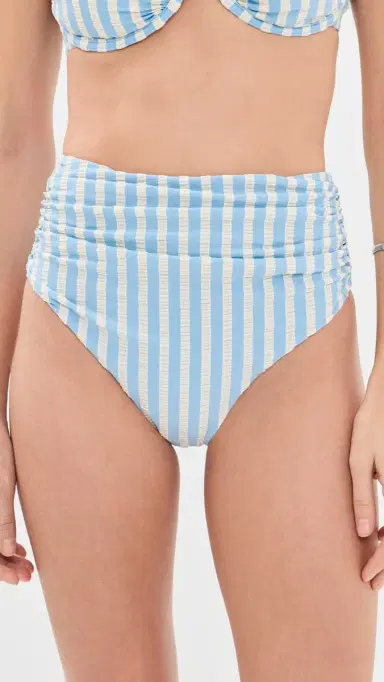 SIMKHAI Teya High Waisted Ruched Bikini Bottoms Hydrangea Blue tripe | Thumbnail 2