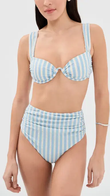 SIMKHAI Teya High Waisted Ruched Bikini Bottoms Hydrangea Blue tripe | Thumbnail 4