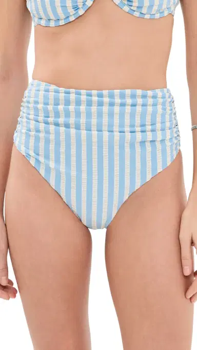 SIMKHAI Teya High Waisted Ruched Bikini Bottoms Hydrangea Blue tripe | Thumbnail 6