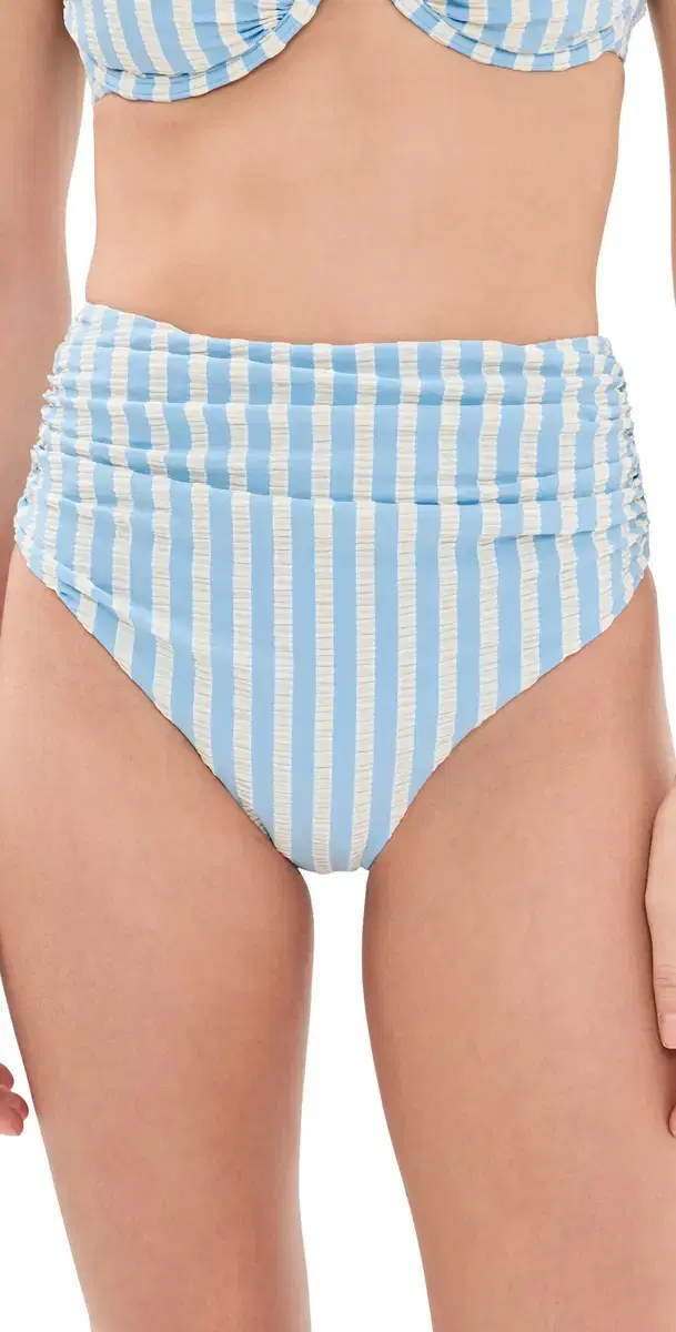 SIMKHAI Teya High Waisted Ruched Bikini Bottoms Hydrangea Blue tripe