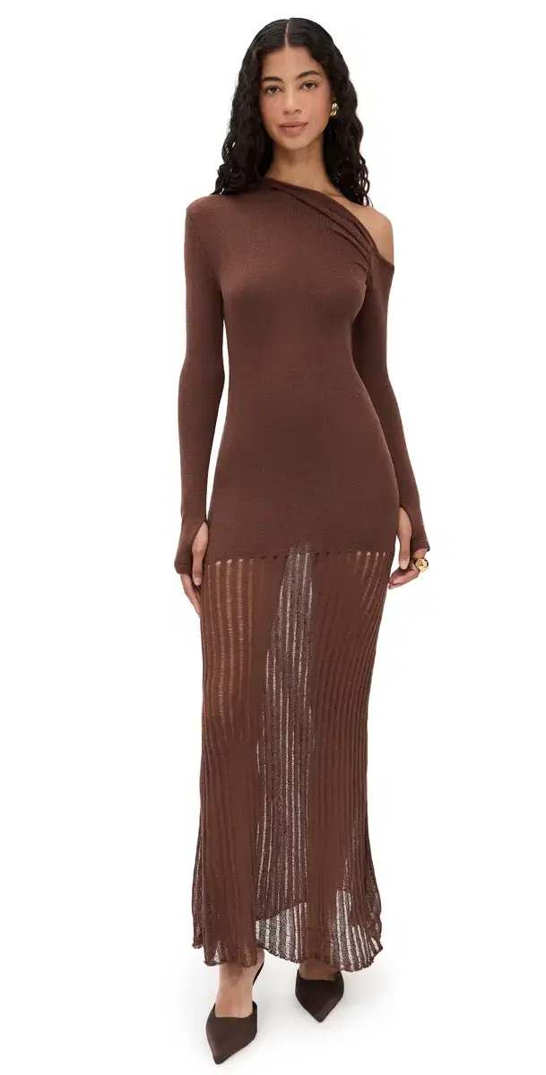 Greta One Shoulder Knit Maxi Dress Chocolate