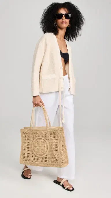 Tory Burch Ella Hand Crocheted Large Tote Natural One Size | Thumbnail 3 Tory Burch Ella Hand Crocheted Large Tote Natural One Size | Thumbnail 3