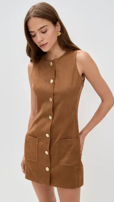 endless rose Faux Suede Round Neck Buttoned Mini Dress Camel | Thumbnail 2 endless rose Faux Suede Round Neck Buttoned Mini Dress Camel | Thumbnail 2