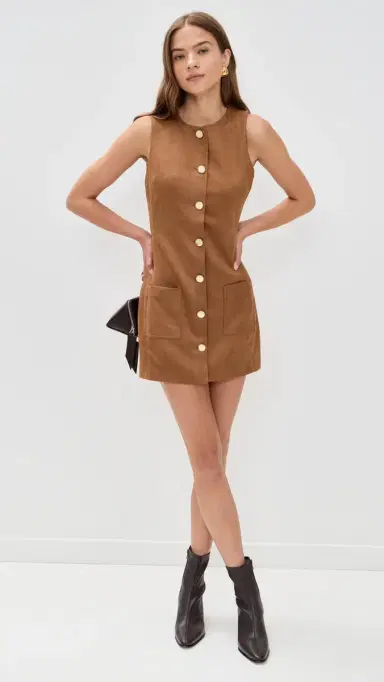endless rose Faux Suede Round Neck Buttoned Mini Dress Camel | Thumbnail 5 endless rose Faux Suede Round Neck Buttoned Mini Dress Camel | Thumbnail 5